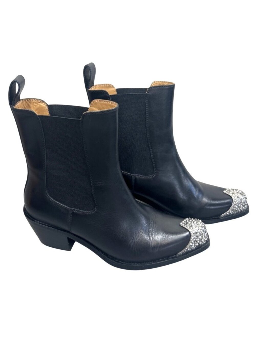 Lonza Black Leather Western Ankle Boots Women's 9 Glam Rhinestone Pointed Toe